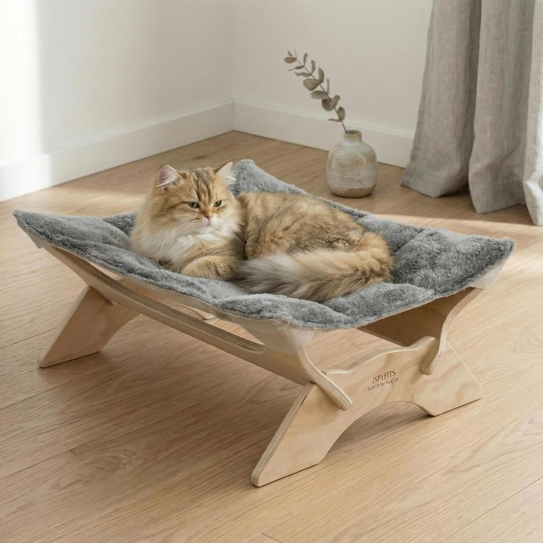 JSPYFITS Elevated Cat Bed Hammock, Raised Orthopedic Dog Bed with Dual-Sided Plush & Linen Cushion, Modern Cat Furniture for Medium to Large Cats, Easy Assembly(Gray)