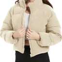 Flygo Womens Cropped Corduroy Puffer Jacket Winter Jackets Warm Long Sleeve Zip Quilted Down Puffer Coat (X-Large, Beige)