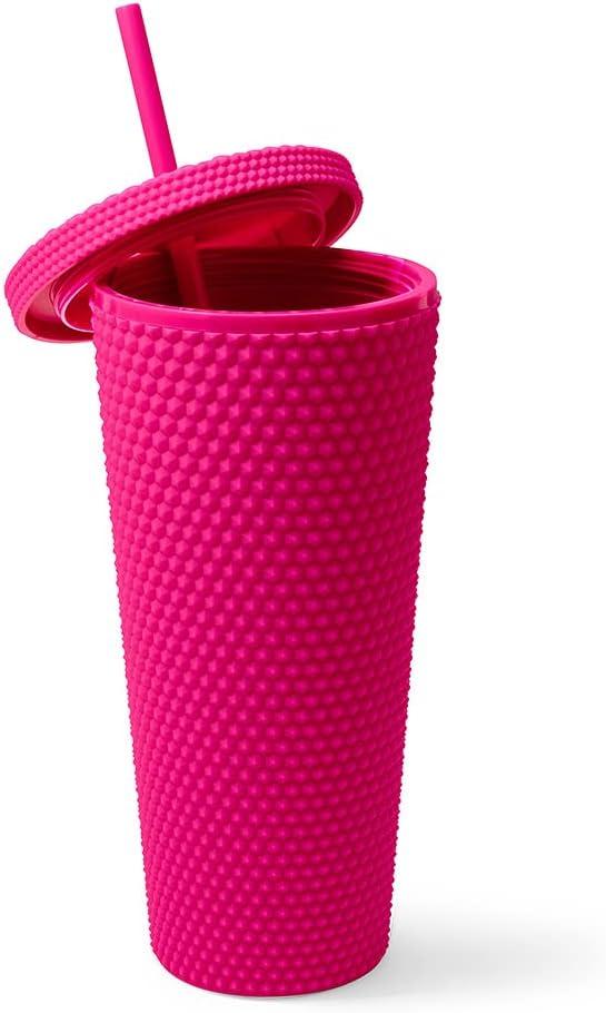 Matte Studded Tumbler with Lid & Straw, Reusable BPA Free Plastic Water Bottle, Travel Friendly Water/Iced Coffee/Cold Brew/Smoothie Textured Cold Cup, 24oz (Fuchsia)