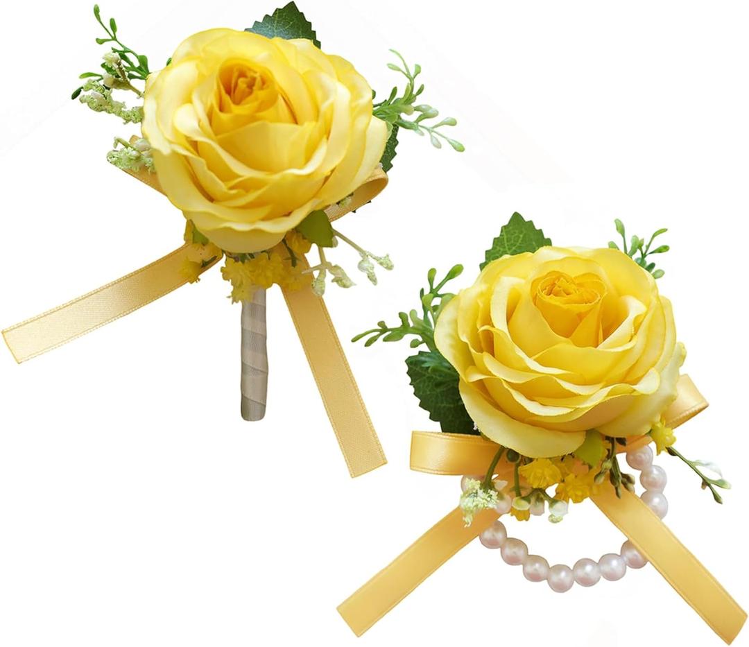 MAFELOE 2 Pieces Homecoming Party Prom Artificial Rose Corsage and Boutonniere Set, Simulation Flowers Accessories for Wedding Celebration Business Event Suit Decor- Yellow (M7-Y2-S-MG)