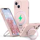 Liquid Silicone Case for iPhone 14 with Magnetic Ring Stand, Upgraded Camera Lens Protection, Mil-Grade Drop Shockproof, Anti-Scratch Microfiber Lining Silicone Case (Pink)