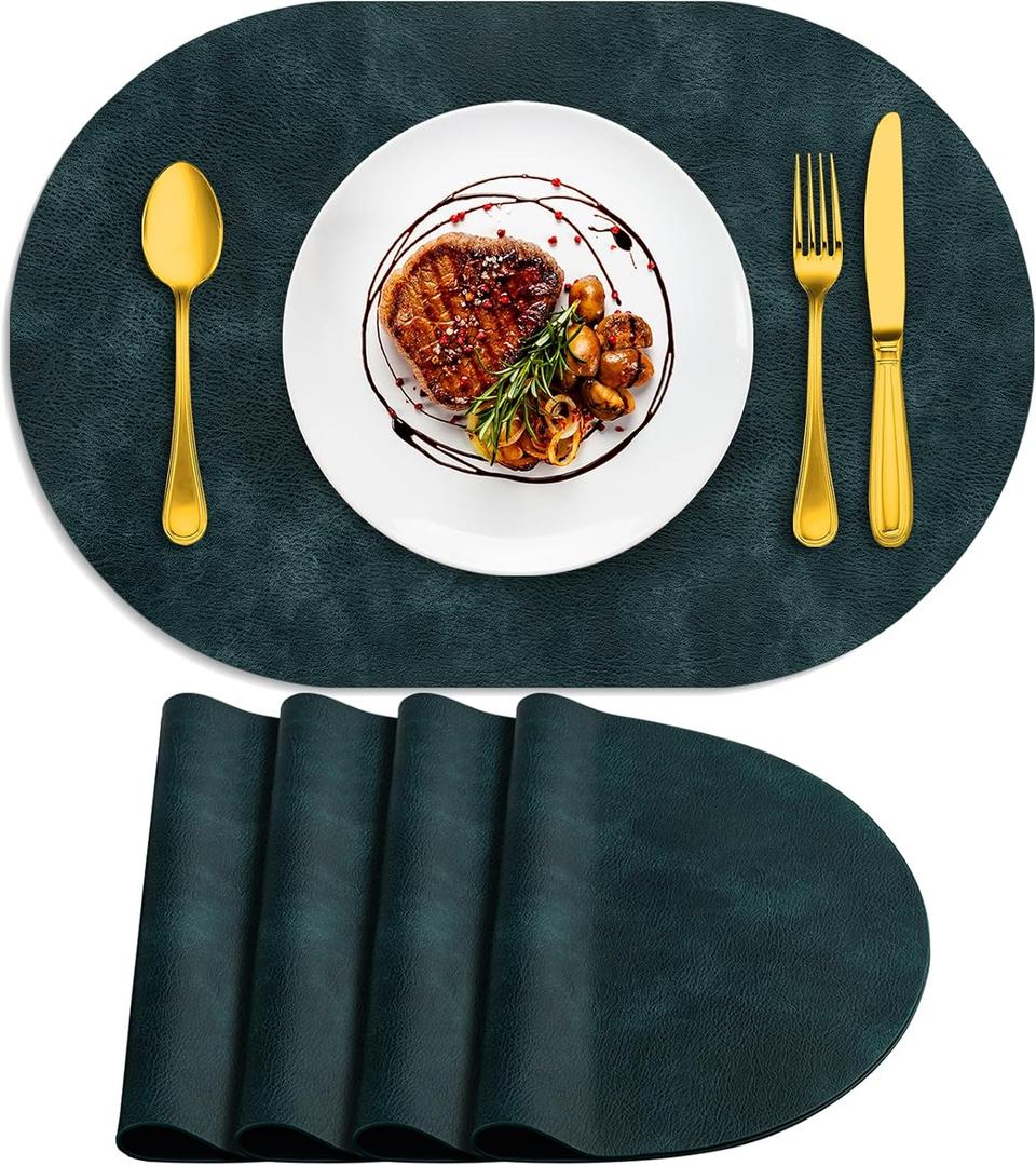 ADRIMER Placemats, Heat Resistant Oval Placemats Set of 4 Washable 12 x 17 Inch, Waterproof Table Mats, Wipeable Pu Place Mats for Kitchen, Dining Room, Dark Blue