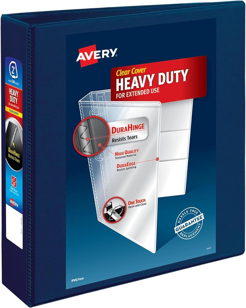 Avery Heavy-Duty View 3 Ring Binder, 2" One Touch EZD Rings, 1 Navy Blue Binder (79802)