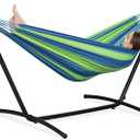 PNAEUT Double Hammocks with Stand for Outside, Portable Space Saving Heavy-Duty Steel Stand for Indoor Outdoor Patio with Sidebag, 450 lbs Capacity (Blue)