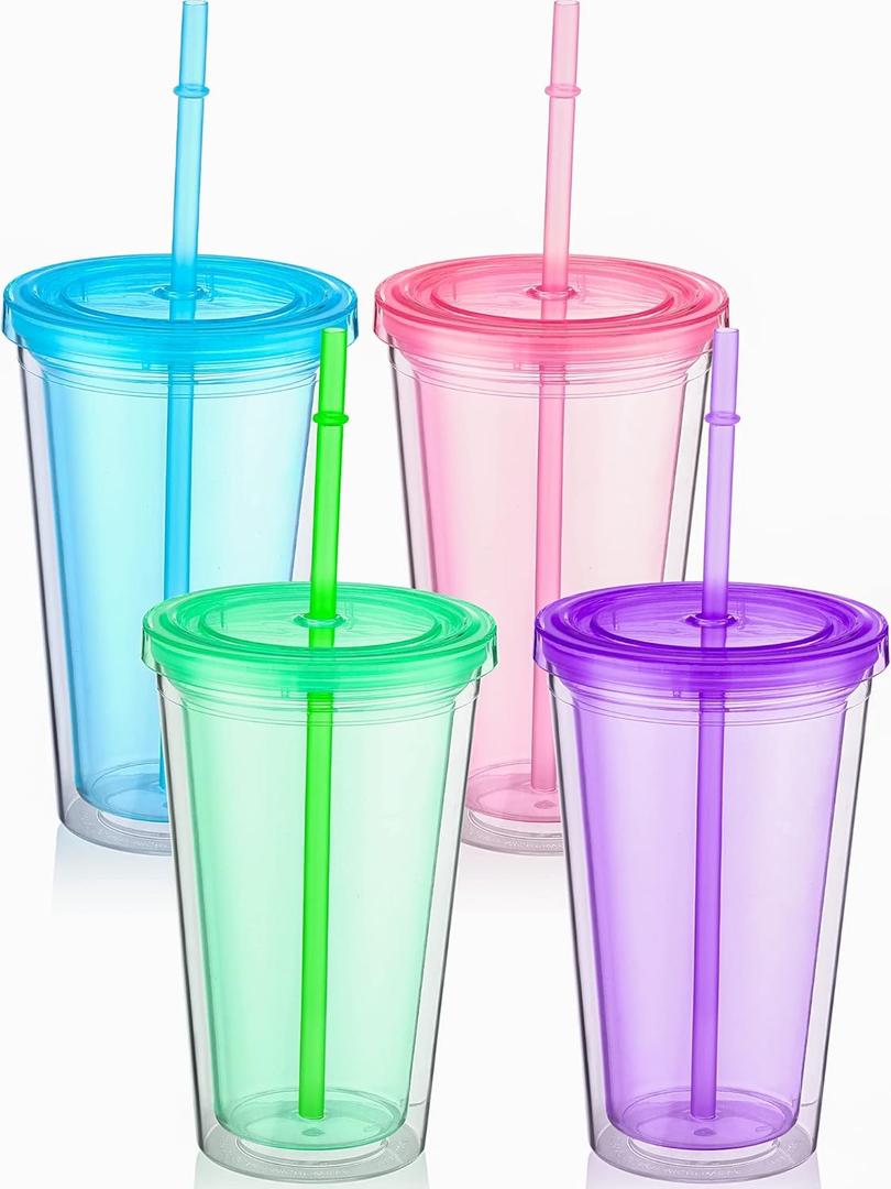 Nuogo 4 Pieces Insulated Double Wall Plastic Tumbler with Lids and Straws Reusable Transparent Plastic Cup 16 oz Tumbler Bulk for Coffee Drinks Milk Tea Juice, Pink, Blue, Green, Purple (Bright Colors)