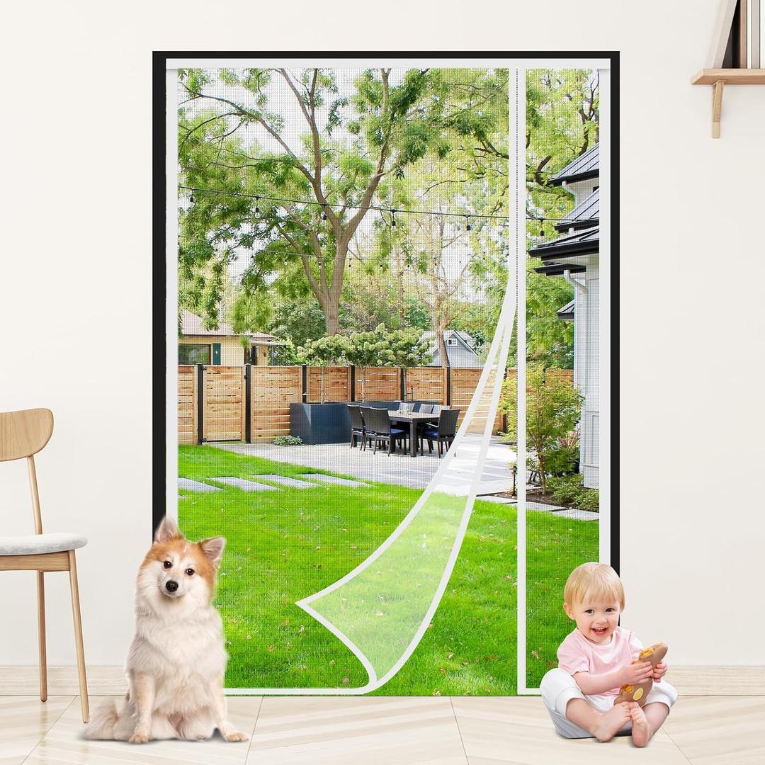 White Fiberglass Magnetic Screen Door,Reversible Left or Right Side Opening, Keep Bugs Out, Hands Free, Pet and Kid Friendly, Fits Door Size 72" x 80"