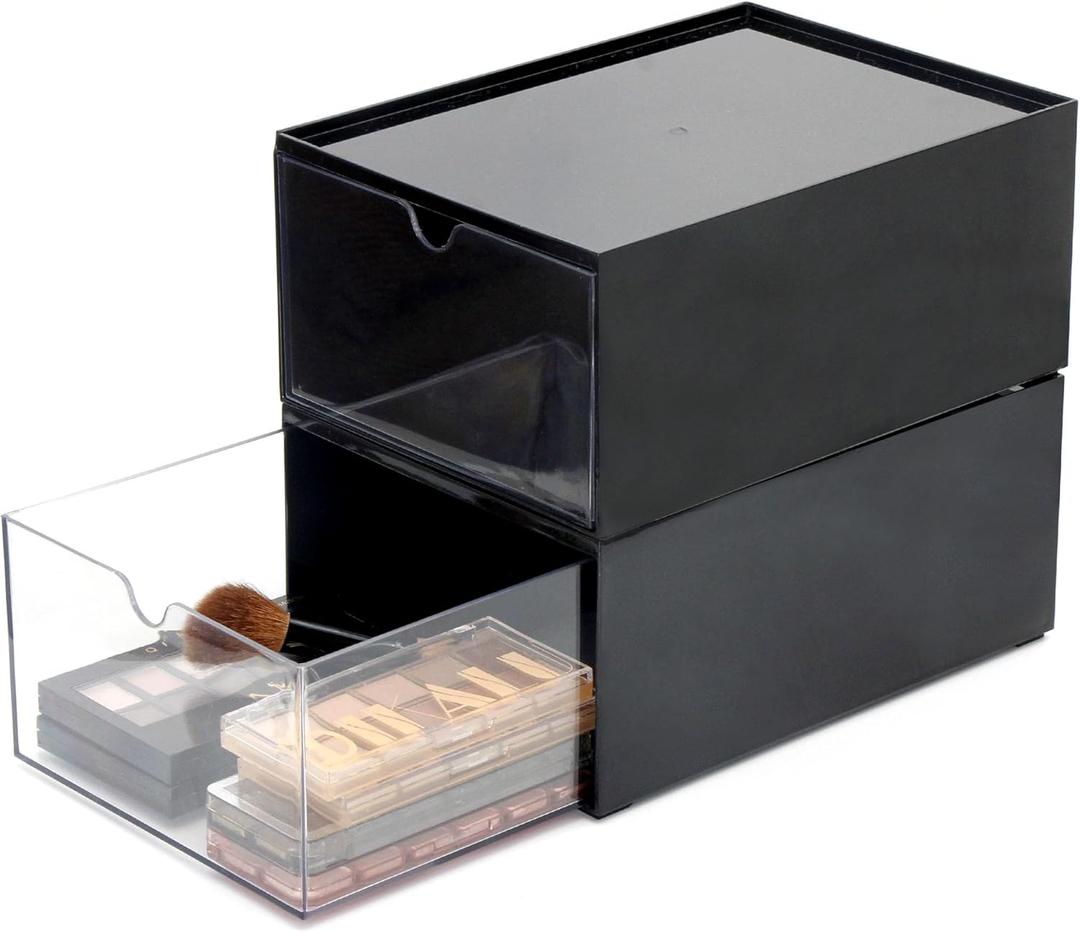 Youngever 2 Pack Stackable Makeup Organizer Drawers, 9" x 6.5" x 4" Cosmetic Storage Organizers (Black)