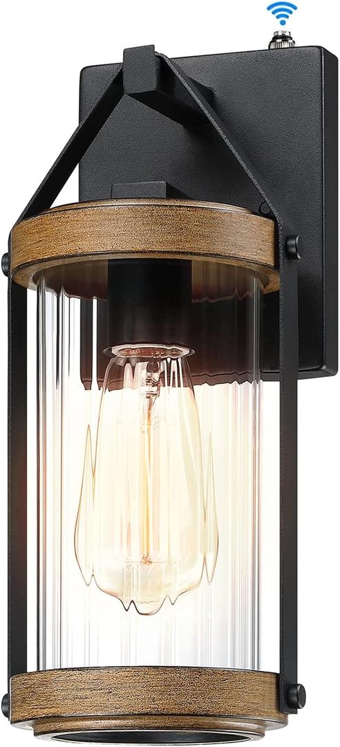 LONEDRUID Dusk to Dawn Sensor Outdoor Wall Sconce Lighting Anti-Rust Exterior Porch Light Fixtures Farmhouse Front House Lantern Waterproof Wall Mount Lamp for Patio Garage Entryway Doorway (1 Pack, Black & Wood Texture)