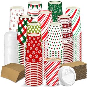 Qilery 300 Pcs Christmas Paper Coffee Cups with Lids and Sleeves Festive Christmas Disposable Hot Cups for Cocoa Chocolate Beverages Decorative Holiday Party Paper Cup(Snowflake,16 oz)