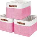 Storage Bins Large Fabric Storage Baskets for Shelves 3 Pack, Decorative Linen Closet Baskets with Handles for Organizing, Shelf, Clothes, Home, Office, 15x11x9.5Inches (Pink&White)