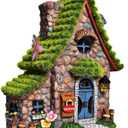ASAWASA Resin Fairy House Statues with Solar Powered Lights, Funny Garden Sculptures with Flocked and Cobblestone Decor, Exquisite Garden Cottage Figurines