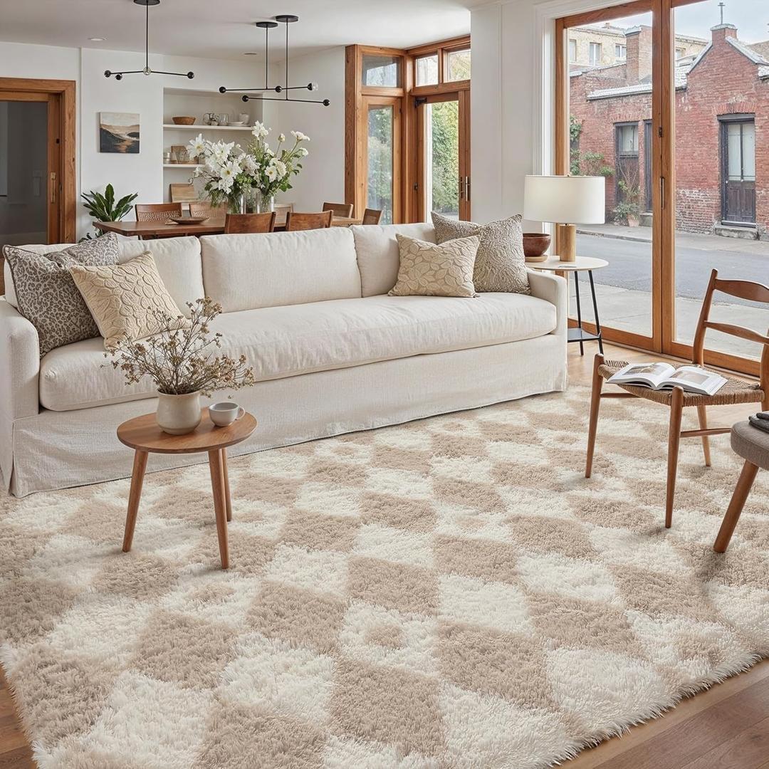 PureCozy Beige 5x7 Area Rug for Living Room Washable Non Slip Neutral Soft Bedroom Checkered Carpet Fluffy Modern Shag Fuzzy Indoor Large Aesthetic Bedroom Home Office Playroom Nursery