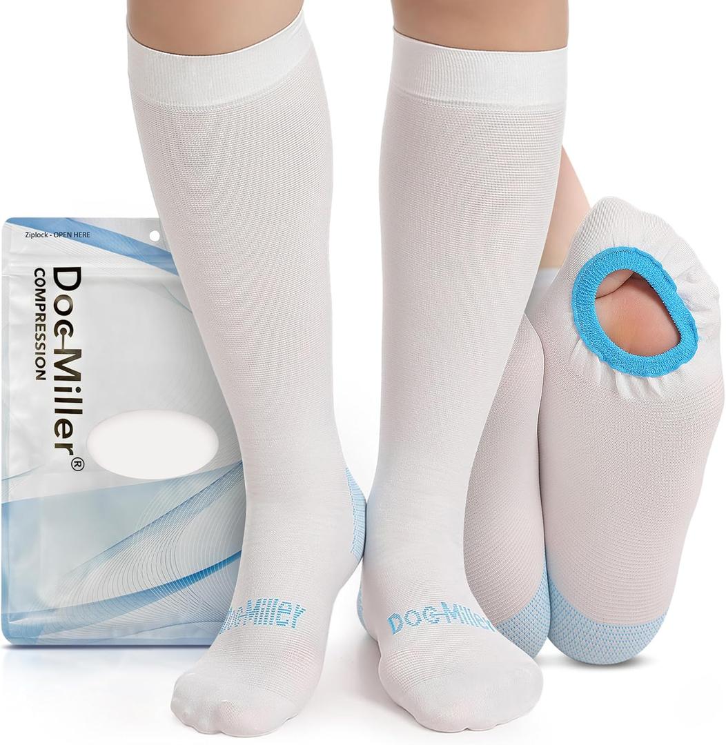 Doc Miller TED Hose Knee High Anti Embolism Stockings for Women & Men, Hospital Style Surgical Stockings, Plus Size White Compression Socks 15-20mmHg, Support Hose with Inspection Hole (M)
