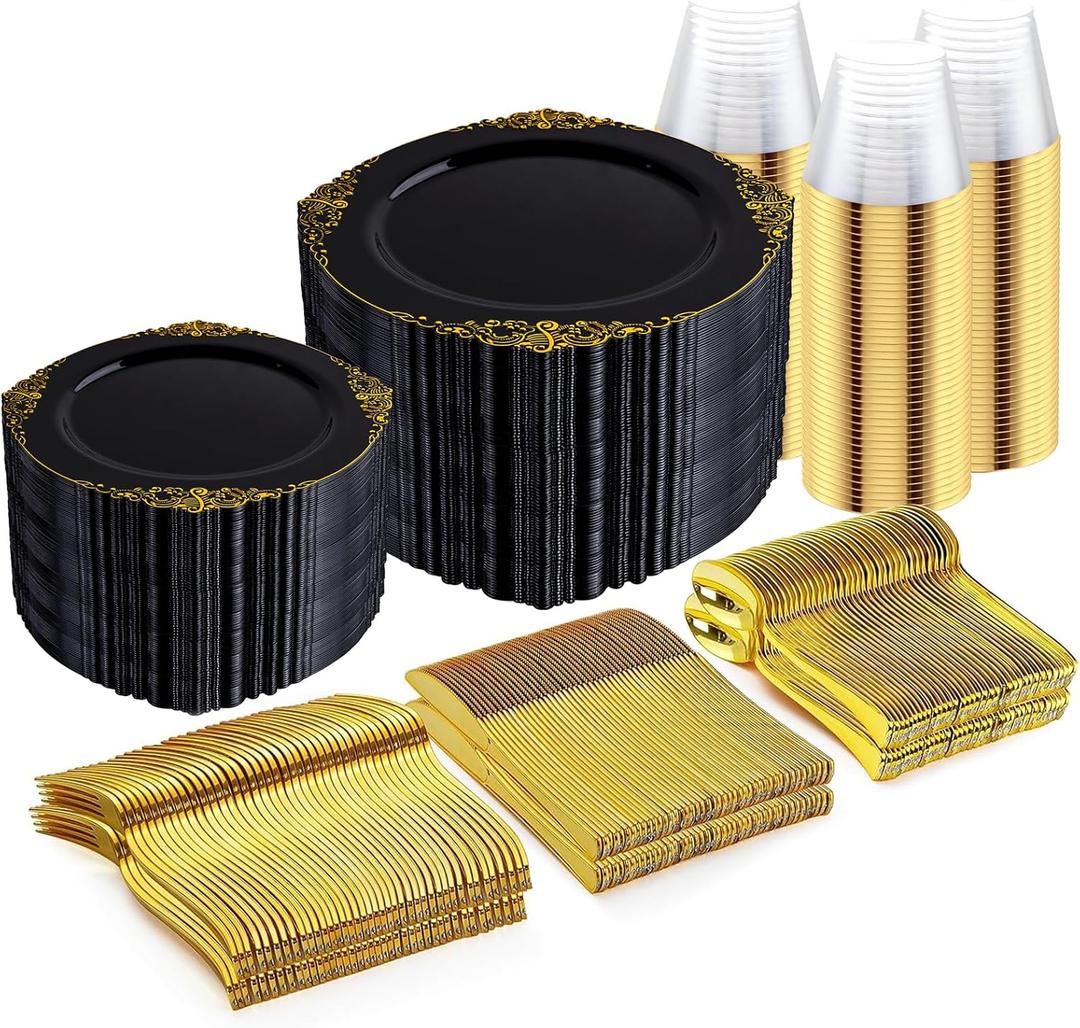 Nervure 600PCS Gold Plastic Dinnerware - Black Disposable Plates for 100 Guests - 200 Gold Disposable Plates, 300 Plastic Silverware, 100 Cups for Wedding & Party & Father's Day