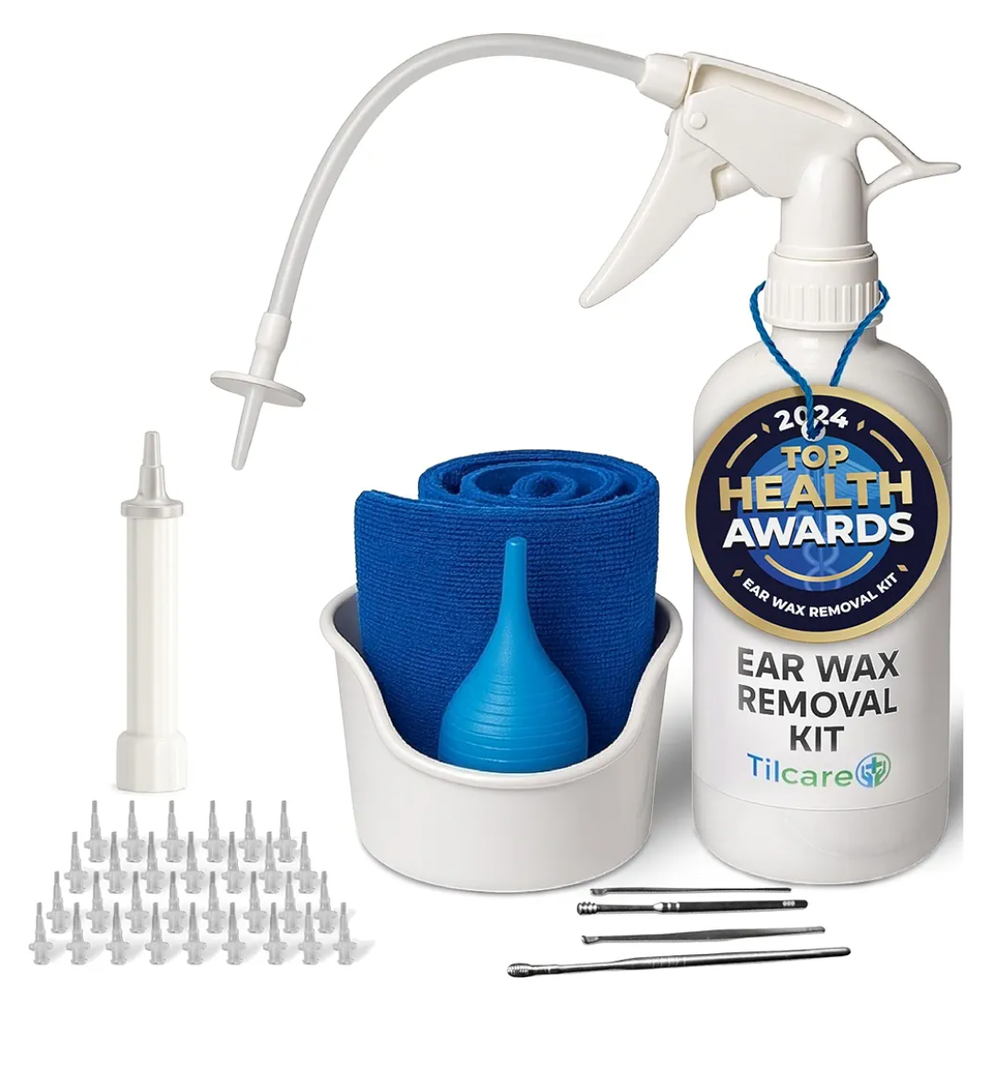 Ear Wax Removal Tool by Tilcare - Ear Irrigation Flushing System for Adults & Kids - Perfect Ear Cleaning Kit - Includes Basin, Syringe, Curette Kit, Towel and 30 Disposable Tips