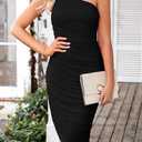 PRETTYGARDEN One Shoulder Dresses for Women 2026 Summer Ruched Mesh Asymmetrical Cocktail Wedding Guest Bodycon Dress (Black, L)