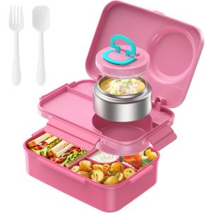 DaCool Kids Bento Box with Thermo for Hot Food Leakproof 1500ml Lunchbox for Kids with 5oz Small Thermo for Girls with Fork Spoon for Dining Out Work School, Pink