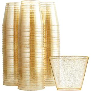 WDF 200pcs 9OZ Gold Cups,Disposable Premium Wedding Gold Glitter Plastic Cups for Party