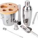 JNWINOG 8-Pcs Cocktail Shaker Set Bartender Kit | Bar Set Drink Mixer Set with Ice Bucket and All Bar Accessory Tools: Martini Shaker, Jigger, Strainer, Mixer Spoon, Muddler, Liquor Pourers |Silver
