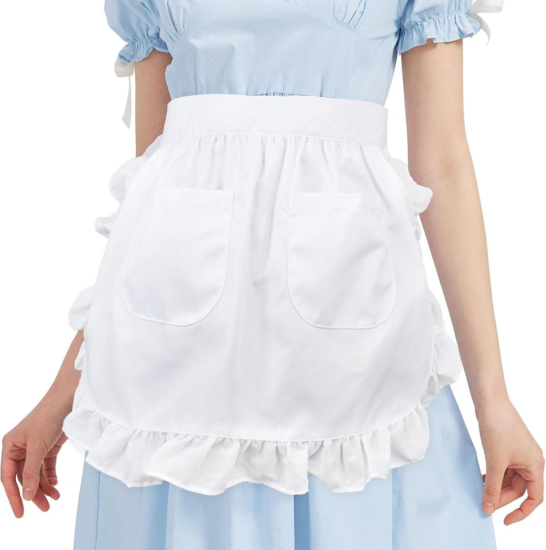 Nanxson Retro Lace Maid Costume Half Apron with Pocket Adjustable Kitchen Cooking Apron for Women and Girls CF3130 (white cloth, One Size)