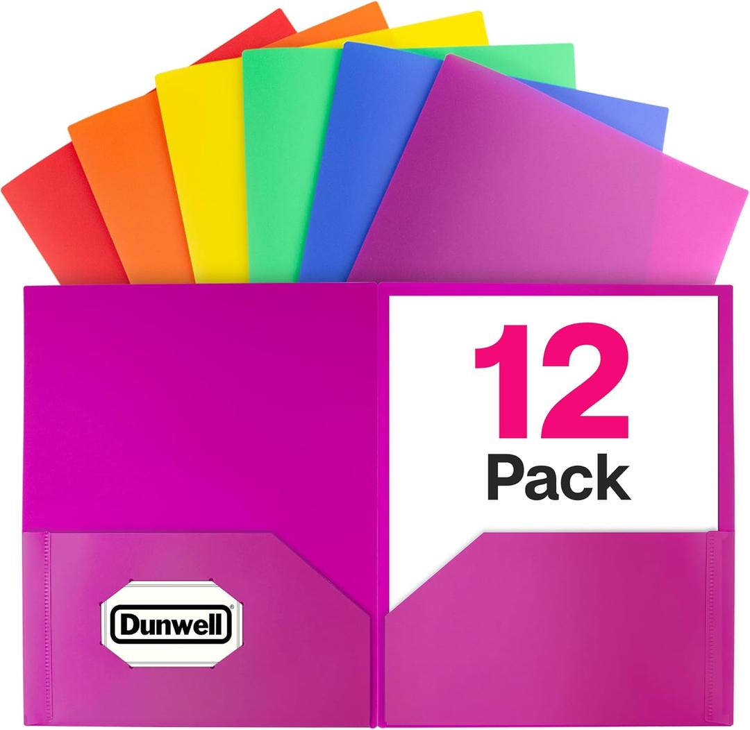 Dunwell Colored Plastic Folders with Pockets - (12 Pack, Assorted Colors), 2-Pocket 8.5x11 Folders for School and Office, Heavy Duty Long Lasting Poly, Includes Labels