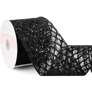 VATIN 4" Black Christmas Ribbon, Black Glitter Mesh Diamond Web Sequin Dots Wired Christmas Ribbon for Gift Wrapping Bow Making Wreath Supply-10 Yards