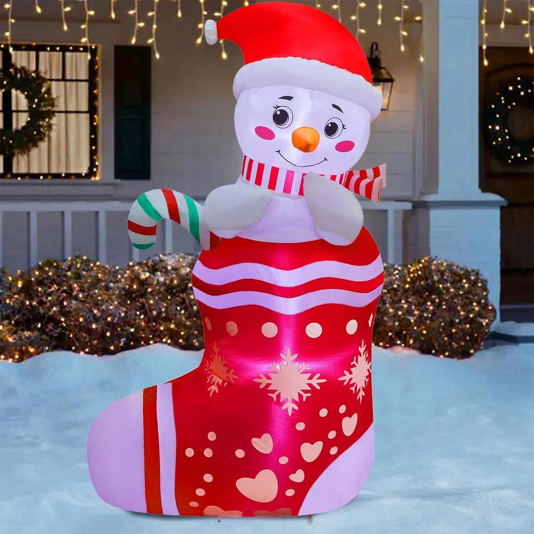 Juegoal Christmas Inflatables Outdoor Decorations, 5FT Inflatable Snowman in Xmas Stocking, Lighted Blow Up Snowman Standing on Christmas Socks with Built in Lights for Holiday Lawn Yard Garden Decor