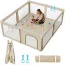 Foldable Baby Playpen: 79 x 71 Super Large Playpen for Babies and Toddlers - Portable Play Pen for Babies with Breathable Mesh & 2 Pulling Handle - Baby Play Yard for Outdoor & Indoor (Beige)