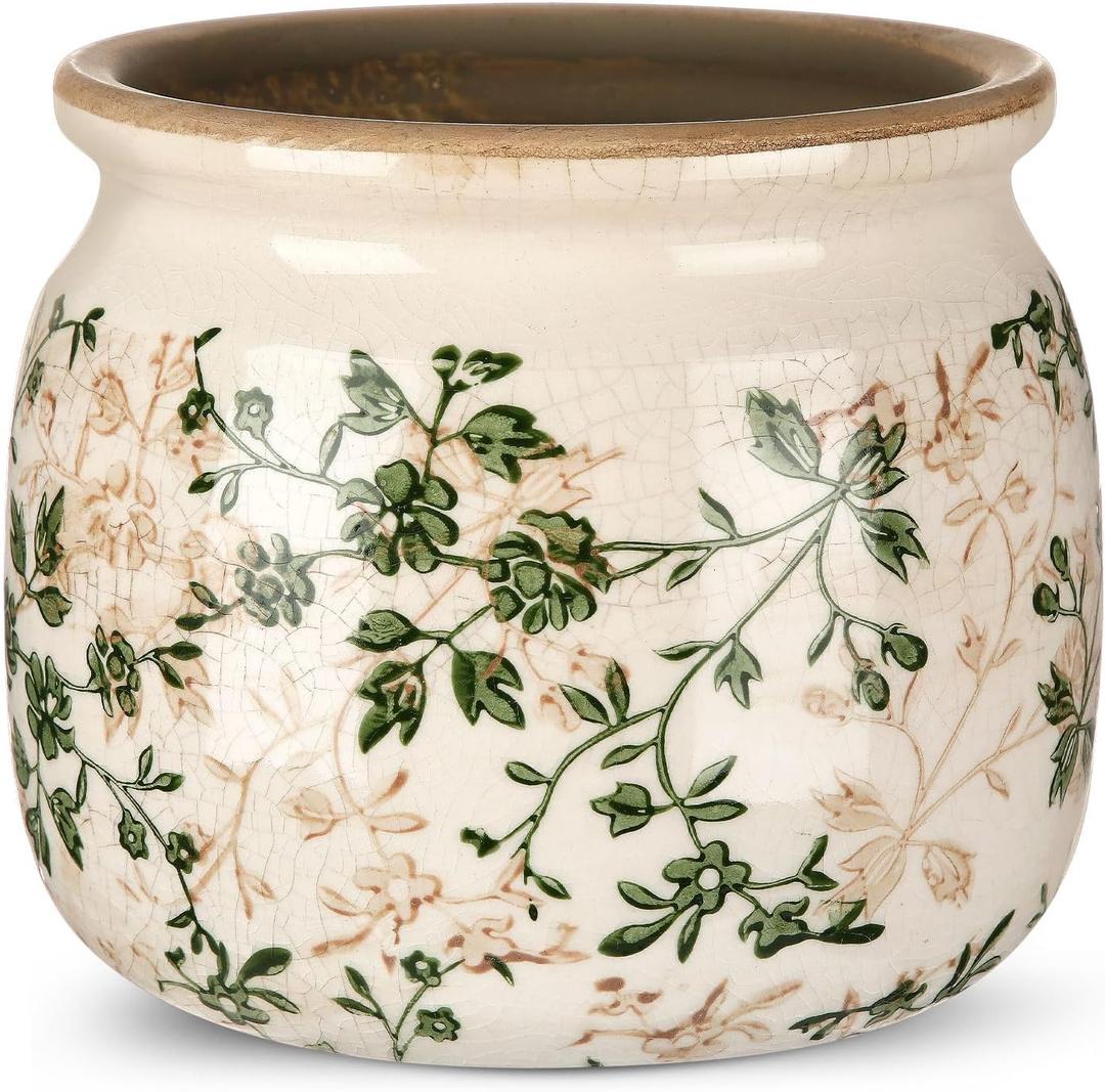 Vintage Planter Large Ceramic Plants Pot Green Pink Pastoral Floral Ice Crack Cottage Scroll Vase Flower Vase Pot Indoor Plants Home Kitchen Decor Farmhouse Antique Decorative Gifts