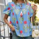 Cicy Bell Womens Boho Floral Blouses Puff Sleeve V Neck Babydoll Shirts (S)