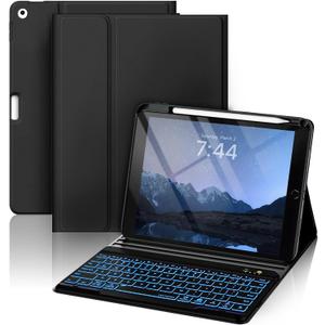 OYEEICE Keyboard Case for iPad 9.7 Inch 6th/5th Gen 2018/2017, Detachable 7 Color Backlit Wireless Keyboard Case for iPad Air 2 with Pen Holder - Black