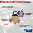 RV Water Pressure Regulator with Gauge Adjustable 3/4" Water Hose Valve - RV Camper Water Pressure Regulator, Trucks, Trailer - Trailer Water Pressure Gauge