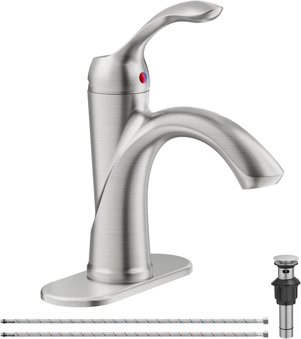 Bathroom Sink Faucet Brushed Nickel Single Handle One Hole Vanity Satin Sink with Pop Up Drain Assembly Bath with Overflow Stream Basin Mixer Tap Lavatory Commercial Supply Line