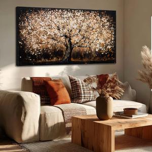 Gold Tree Wall Art Black Framed Canvas Wall Decor Nature Pictures Abstract Home Wall Decor Modern Artwork for Living Room Bedroom Office 24x48 Inch