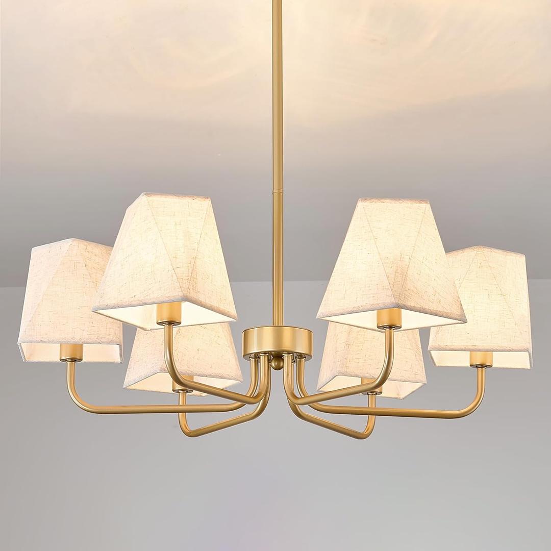 UOFUS 31" Gold Dining Room Light Fixture 6-Light Modern Farmhouse Chandeliers with Linen Fabric Shades Height Adjustable Ceiling Light Fixture for Kitchen Island Living Room Bedroom Entryway Office
