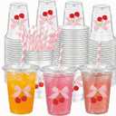 Sliner 50 Pcs 16 oz Coquette Disposable Plastic Cups with Straw for Party Supplies Bow Cups Birthday Wedding Bridal Engagement Party Drinkware Baby Shower Decoration (Cherry Bow)