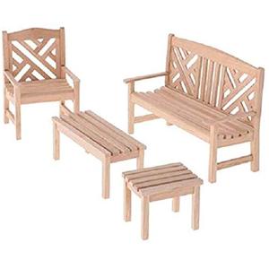 EatingBiting Dollhouse Accessories Furniture 1:12 Dollhouse Miniature Furniture Wooden Garden Unpainted Bench Chair 4 Pieces per Set, Including 1 Double Chair, 1 Single Chair, 1 Table, 1 Stool
