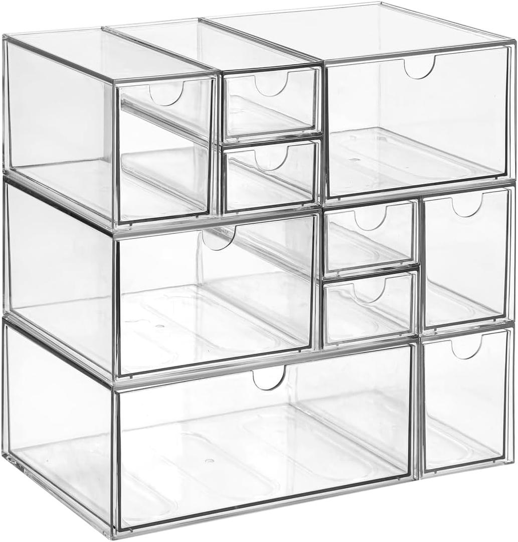 Cosmetic Desk Stackable Storage, Clear Plastic Drawer Storage With 10 Drawers, 4 Different Sizes, Suitable For Desktop, Cosmetics, Pens, Stationery, Jewelry, Crafts Storage And Organization