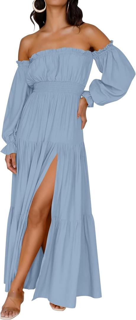 ZESICA Women's Boho Off Shoulder Wedding Guest Dress 2026 Spring Summer Side Split Flowy A Line Long Maxi Dresses (Blue, M)