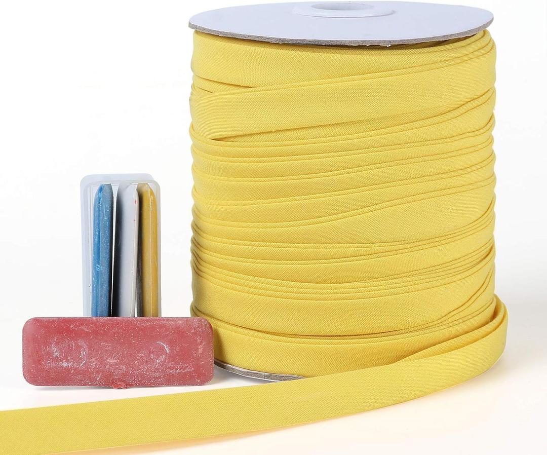 Bias Tape Double Fold 1/2 inch, Double Fold Bias Binding Tape 55 Yards (Yellow) and 4 Pieces Sewing Fabric Chalks for Crafts, Sewing, Seaming, Hemming, Piping, Quilting.