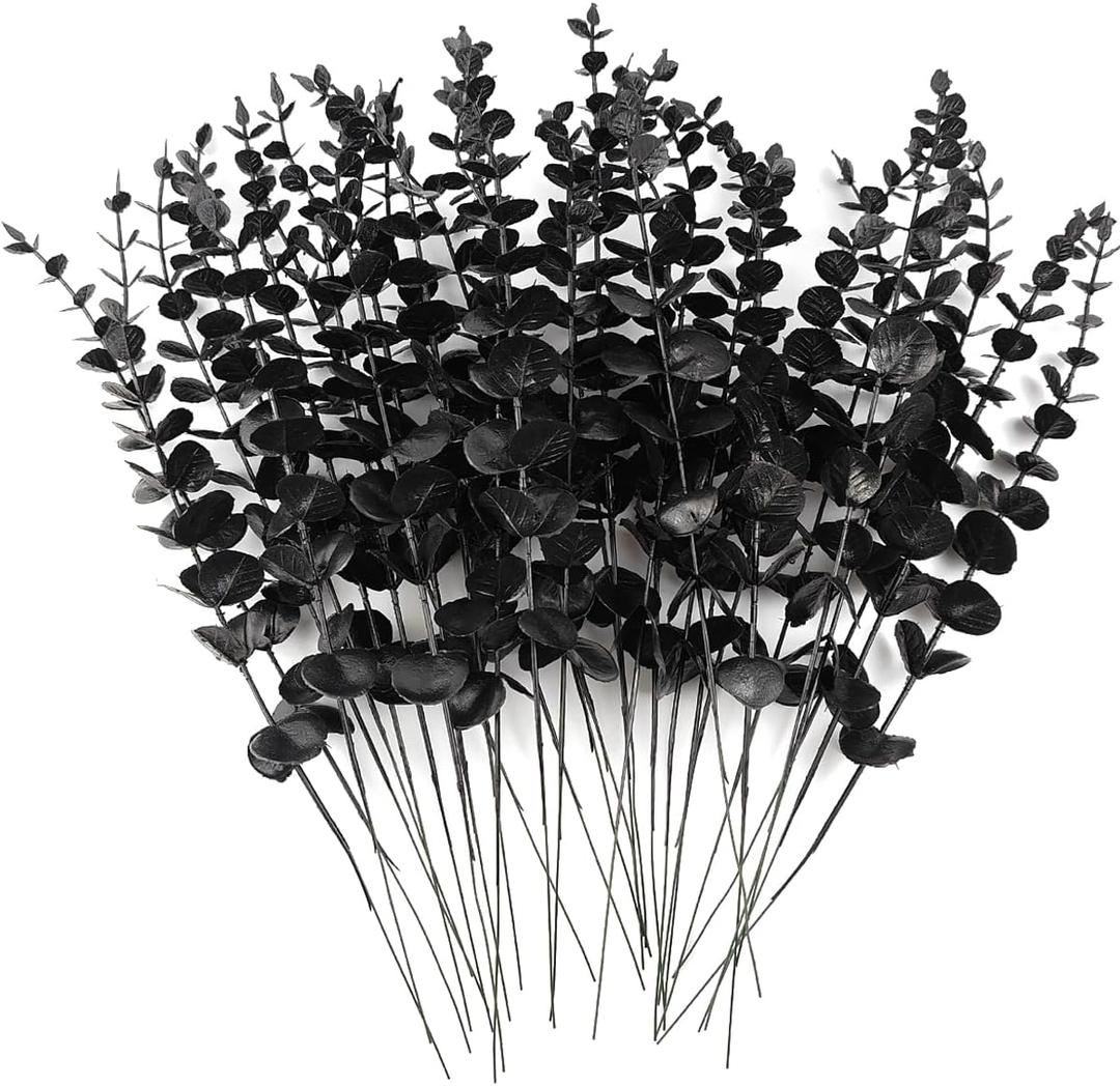 TIHOOD 14PCS 15 Black Eucalyptus Stems Artificial Eucalyptus Leaves Branches Fake Eucalyptuses Decor Faux Eucalyptus leaf Stem for Halloween Autumn Fall Floral Arrangement Wedding Bouquet Home Office