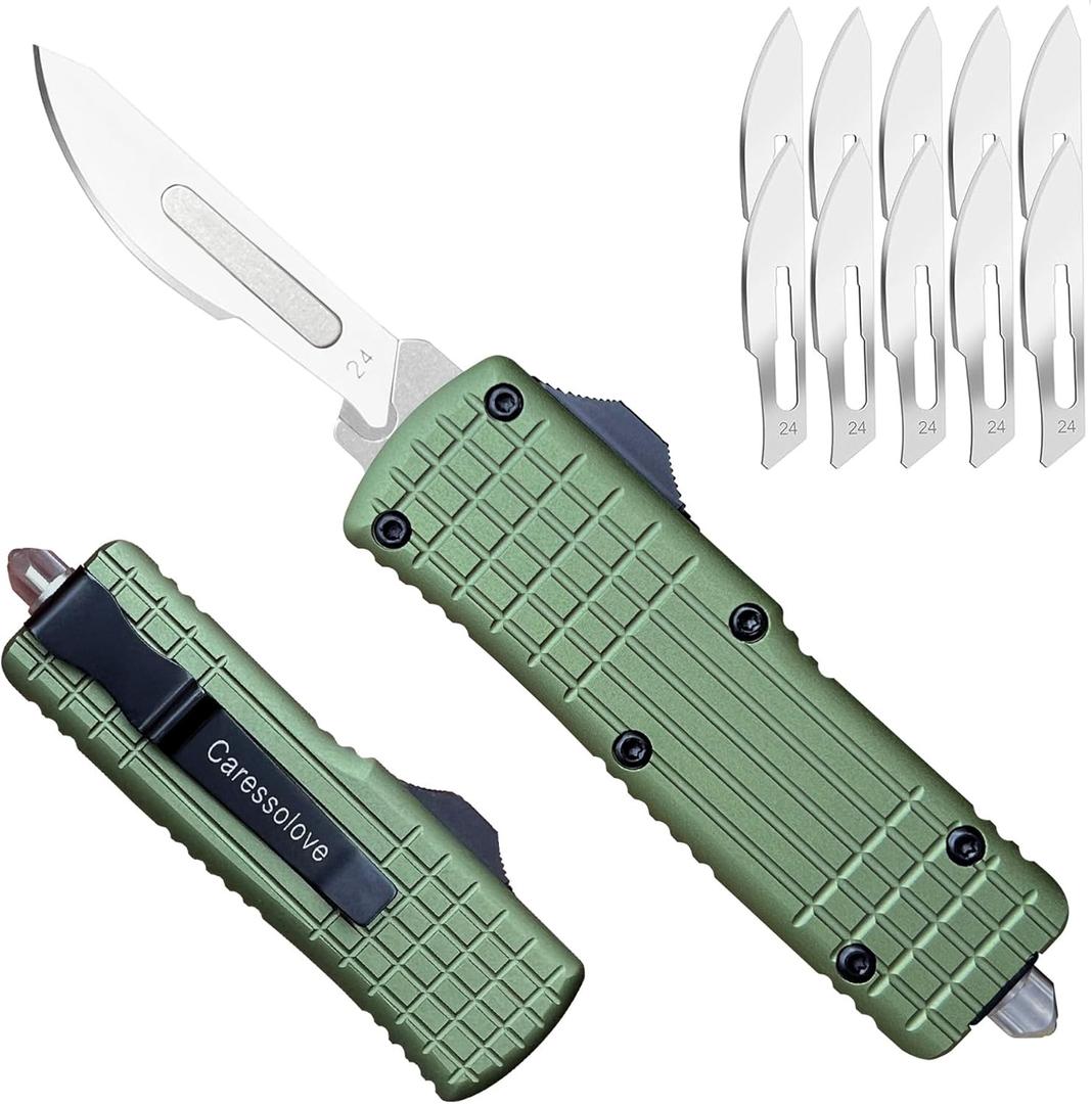 Automatic Utility Knife Push Button, EDC Pocket Boxcutters With Clip, Double Action Auto Retractable Scalpel, Small Safety Box Cutter, Replaceable Razor Blade Exact Knives for Craftsman (Green)