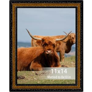 Black 11x14 Picture Frame Gold Vintage Wood Baroque Design for Wall Hanging, Antique Ornate Photo Frame Fits 8x10 with Mat for Wall Art and Prints