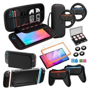 Switch 2 Carrying Case Screen Protector and Case Accessories Bundle for Nintendo Switch 2 Protective Case Steering Wheel Controller Dockable Console Protective Cover Shell Game Card Storage 16-in-1, Black