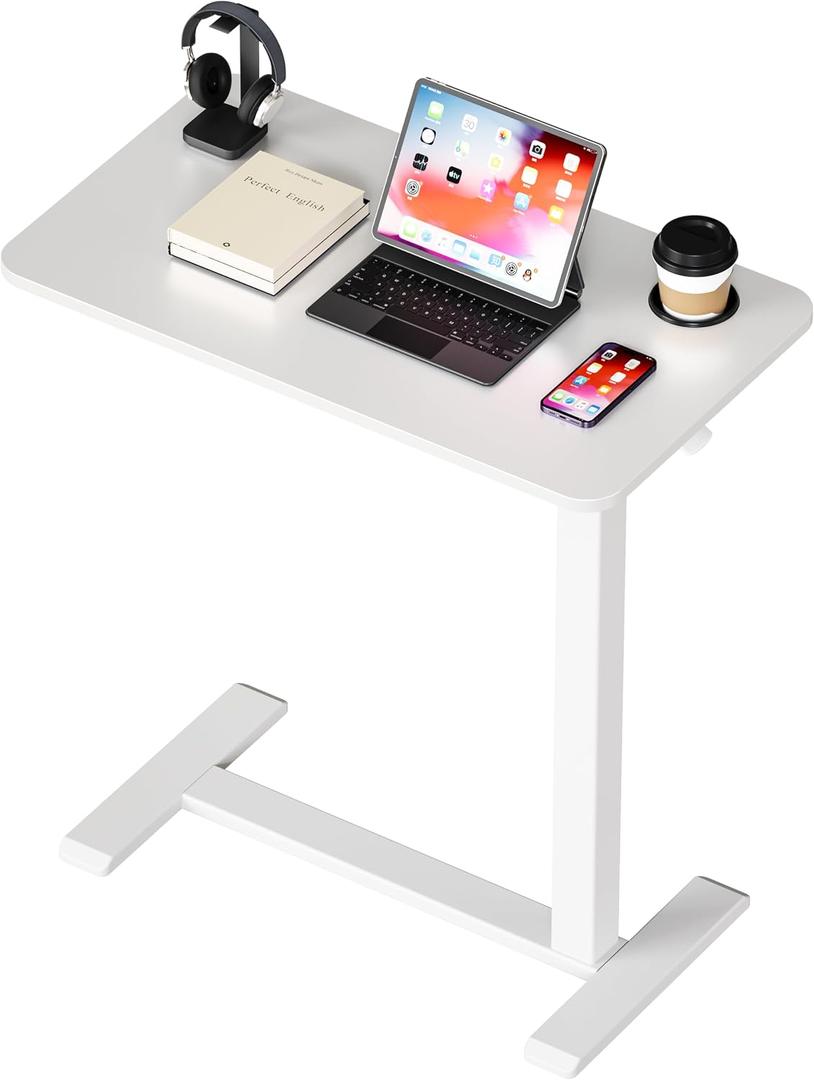 Adjustable Bedside Table with Swivel Hidden Wheels Pneumatic Rolling Desk Mobile Standing Desk with Cup Holder for Hospital Home(27.6"x15.8" White)