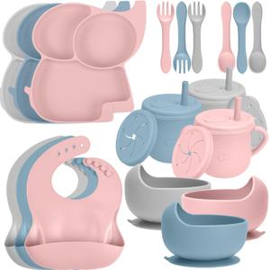 24 Pack Silicone Baby Feeding Set - 6+ Months Food Grade Baby Feeding Essentials | Silicone Bibs, Baby Bowls and Plates, 3 in 1 Baby Sippy Cup, Spoons and Fork Set | Free of BPA/PVC/Lead/Phthalate (Light Blue, Light Pink and Light Gray)