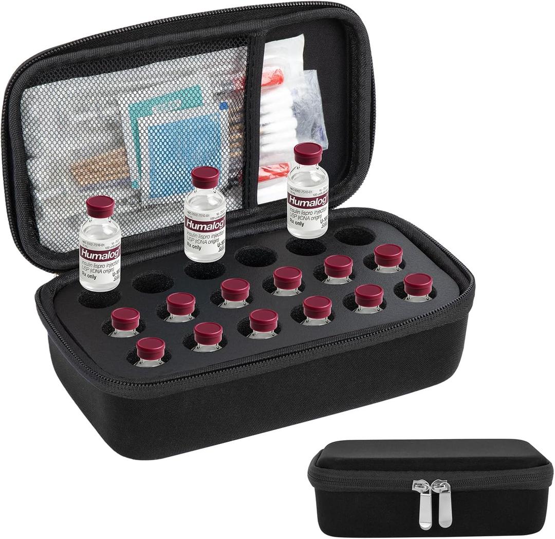 YOUSHARES Insulin Vials Refrigerator Storage Case - 10ml Peptide Vial Protective Holder for Fridge, 18-Slots Diabetic Insulin Small Bottle Organizer Bag Compatible with U-100 Vials (02_black)