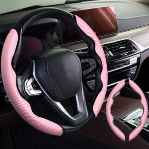 2pcs Car Steering Wheel Cover,Anti-Skid Carbon Fiber Steering Wheel Protector for Men Women,Multiple Color Options,Universal for Most Car Interiors Accessories (Pink)
