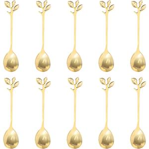 INPROPEXT 10Pcs Gold Coffee Spoons Set, 4.72inch Leaf Mini Espresso Tea Stir Spoon for Coffee Bar Charcuterie Board, Stainless Steel Small Dessert Demitasse Spoons for Sugar, Ice Cream, Cake (Slim)