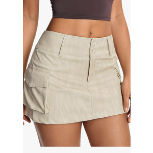 WDIRARA Women's PU Leather Cargo Skirt Retro Low Waist Button Mini Skirt with Flap Pockets, Size L